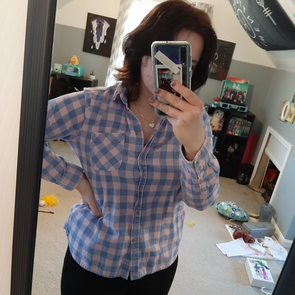 blue and pink plaid button-up